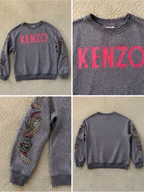 Kenzo Gray Sweatshirt with Orange Logo and Multicolor Dragon Sleeves